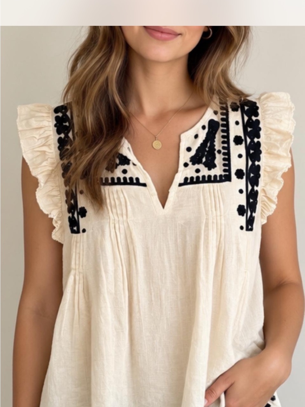 Cream Flutter Sleeve Embroidered Blouse with Black Accents